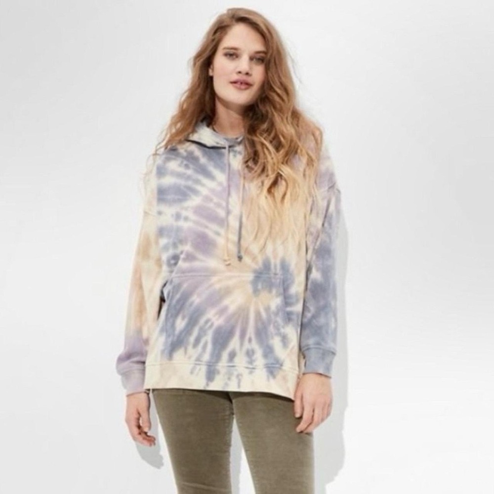 American Eagle Women Tie Dye Oversized Hoodie Purple Tan Side Slit Sweatshirt XS